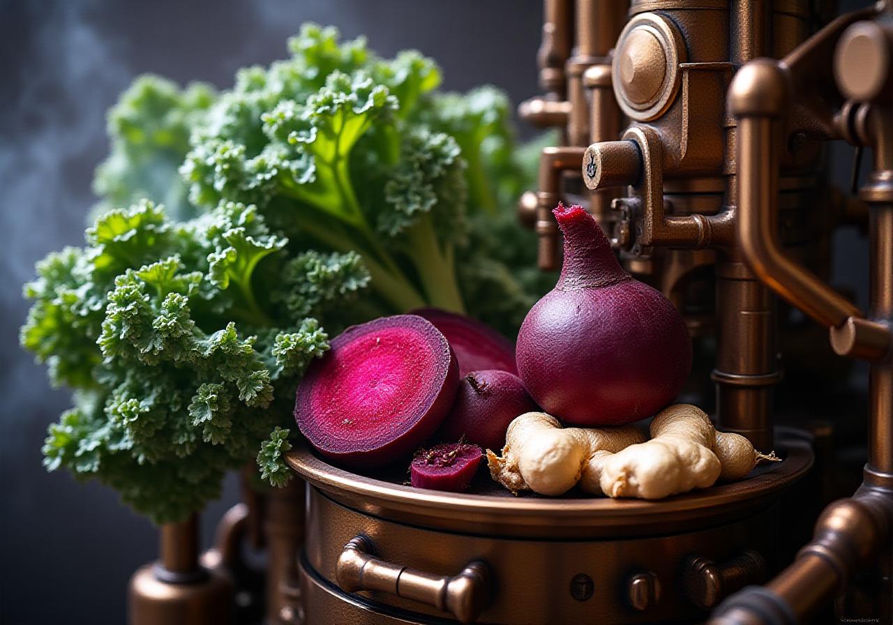 Organic vegetables integrated into mechanical gears and brass machinery