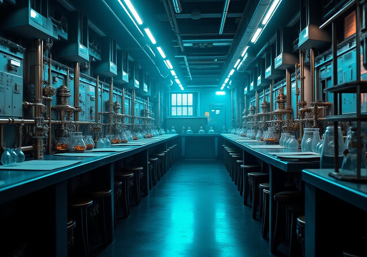 Industrial laboratory setting with steam and steel elements